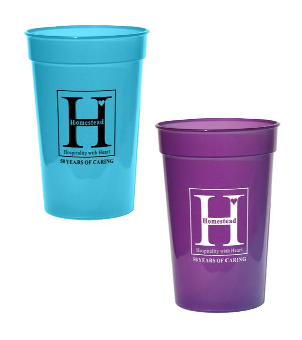 Assortment of custom promotional plastic cups with company logos