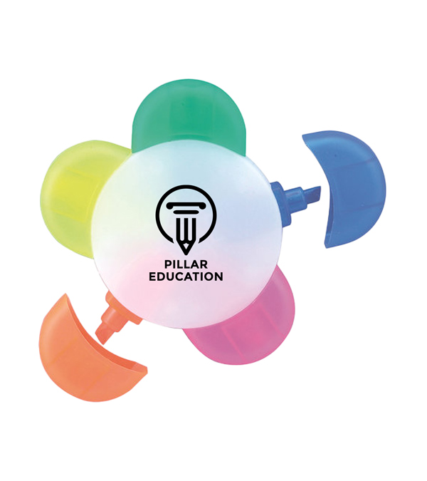 Collection of custom printed highlighters and promotional markers with corporate logos