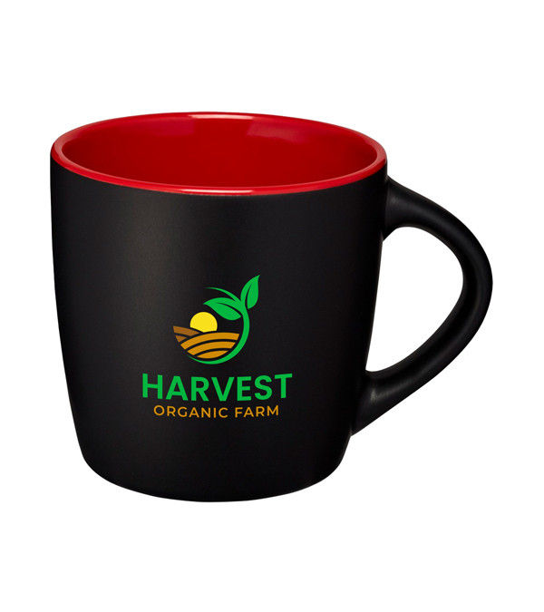 Collection of custom coffee mugs with company logos