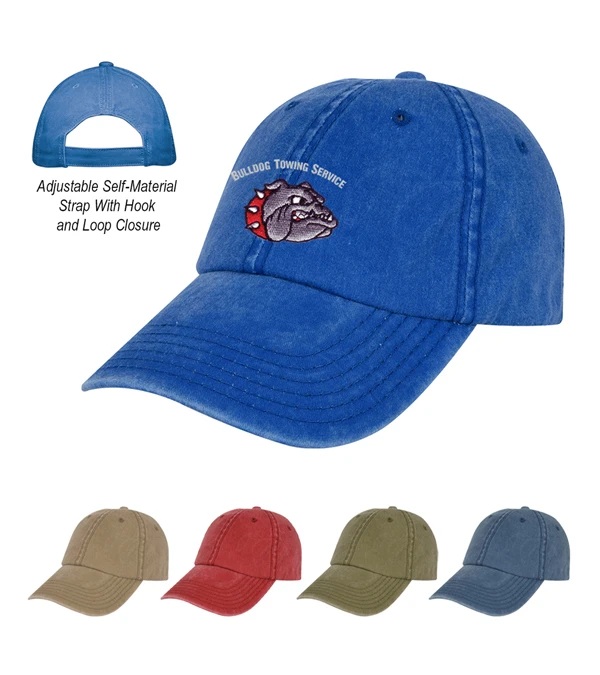 Assortment of custom branded hats and promotional caps with embroidered logos